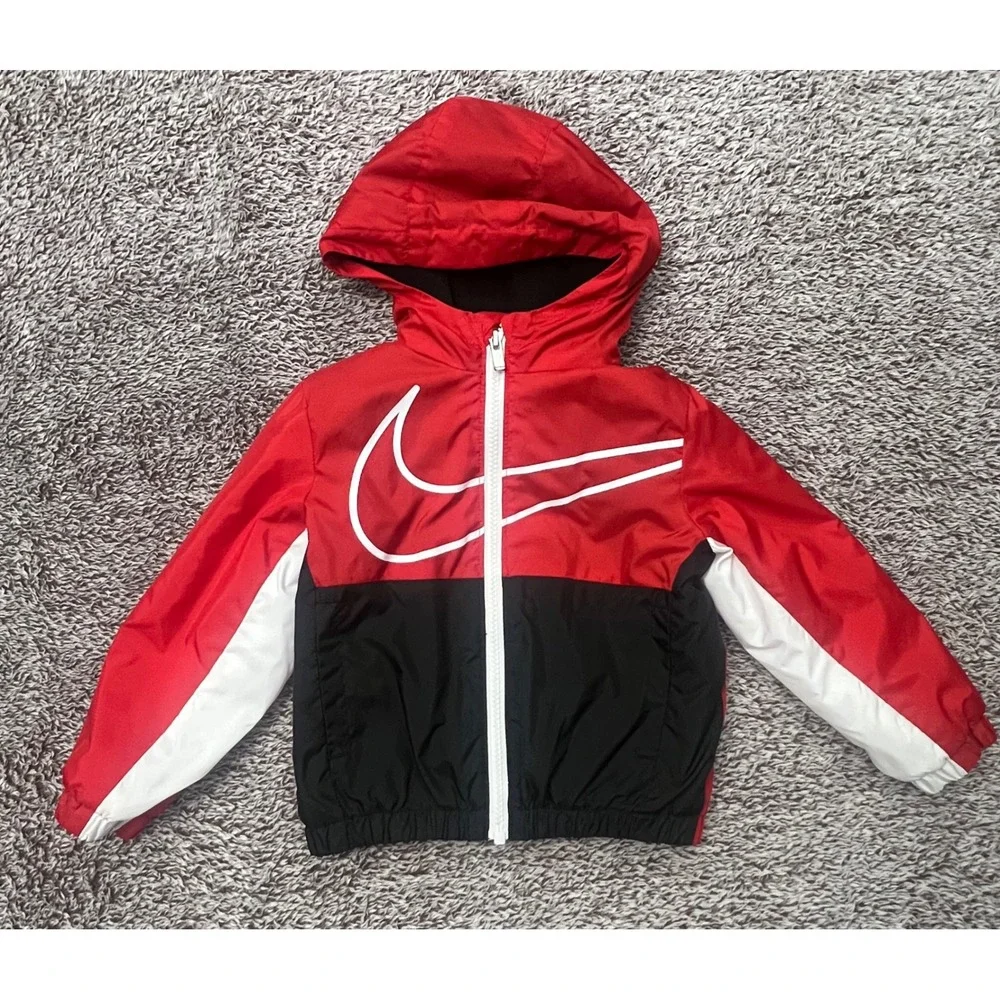 Nike Toddler 2T Windbreaker Jacket Red Black White Fleece Lined Swoosh Hooded